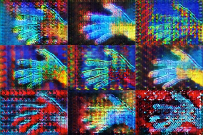 a grid of 9 multicolored images of a hand with fingers extended