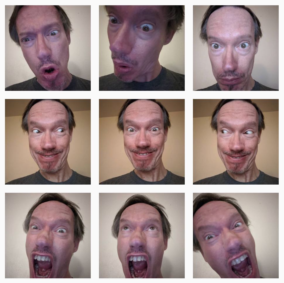9 pictures of faces with extreme expressions in a square grid